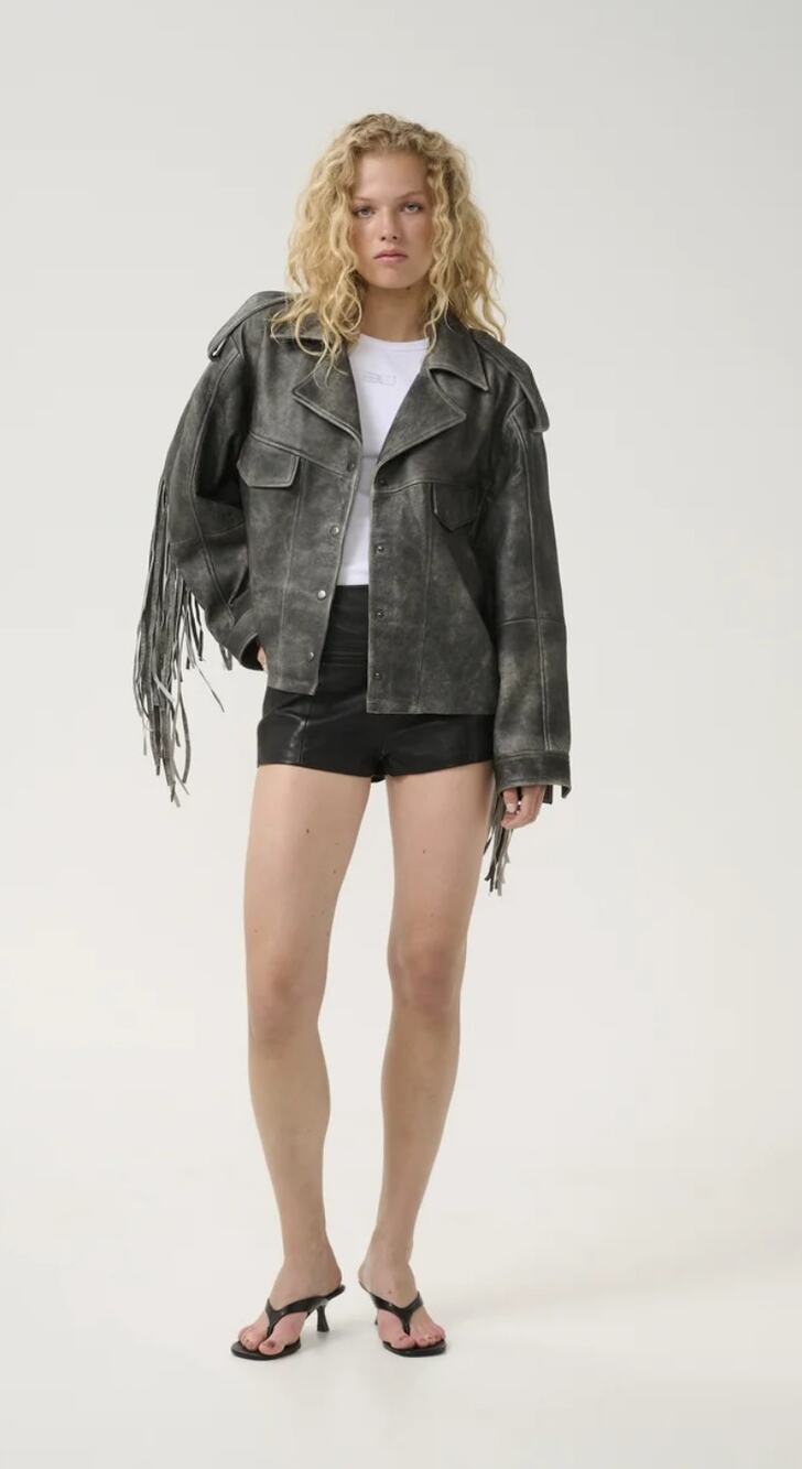 Gestuz Black Leather Jaggy Jacket Removable Fringes Sz XL Western Cowgirl Rocker